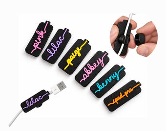 Personalised Cable Name Tags – 3D Printed Screw-On USB Charging Cable Labels / Identifiers - Cursive Script Style