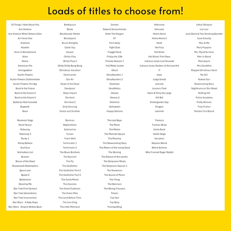 Puede incluir: Un fondo amarillo con el texto "Loads of titles to choose from!" y una lista de t&iacute;tulos de pel&iacute;culas. Los t&iacute;tulos incluyen "Aladdin", "Grease", "Jurassic Park" y "Star Wars".