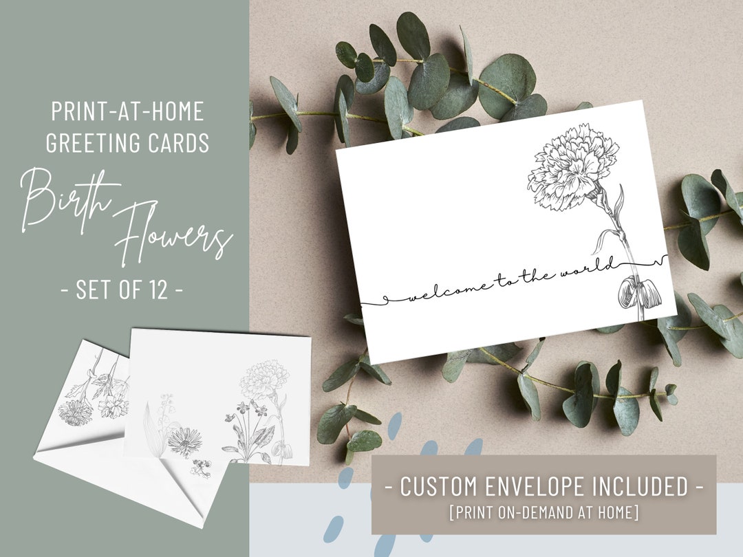 Printathome Card Birth Month Flower New Baby Card & Envelope Baby