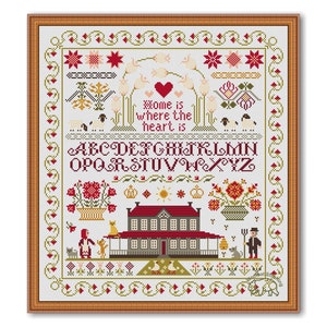 May include: Cross stitch pattern featuring a red-roofed house with a porch, flowers, animals, and the alphabet. The text reads "Home is where the heart is".
