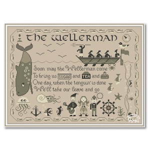 The Wellerman Cross Stitch Sampler, Primitive Pattern Cross Stitch Marine PDF, Marine Wellerman Sampler