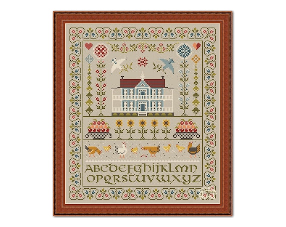 House and Chickens Cross Stitch Pattern: Alphabet Sampler Primitive (PDF Pattern)