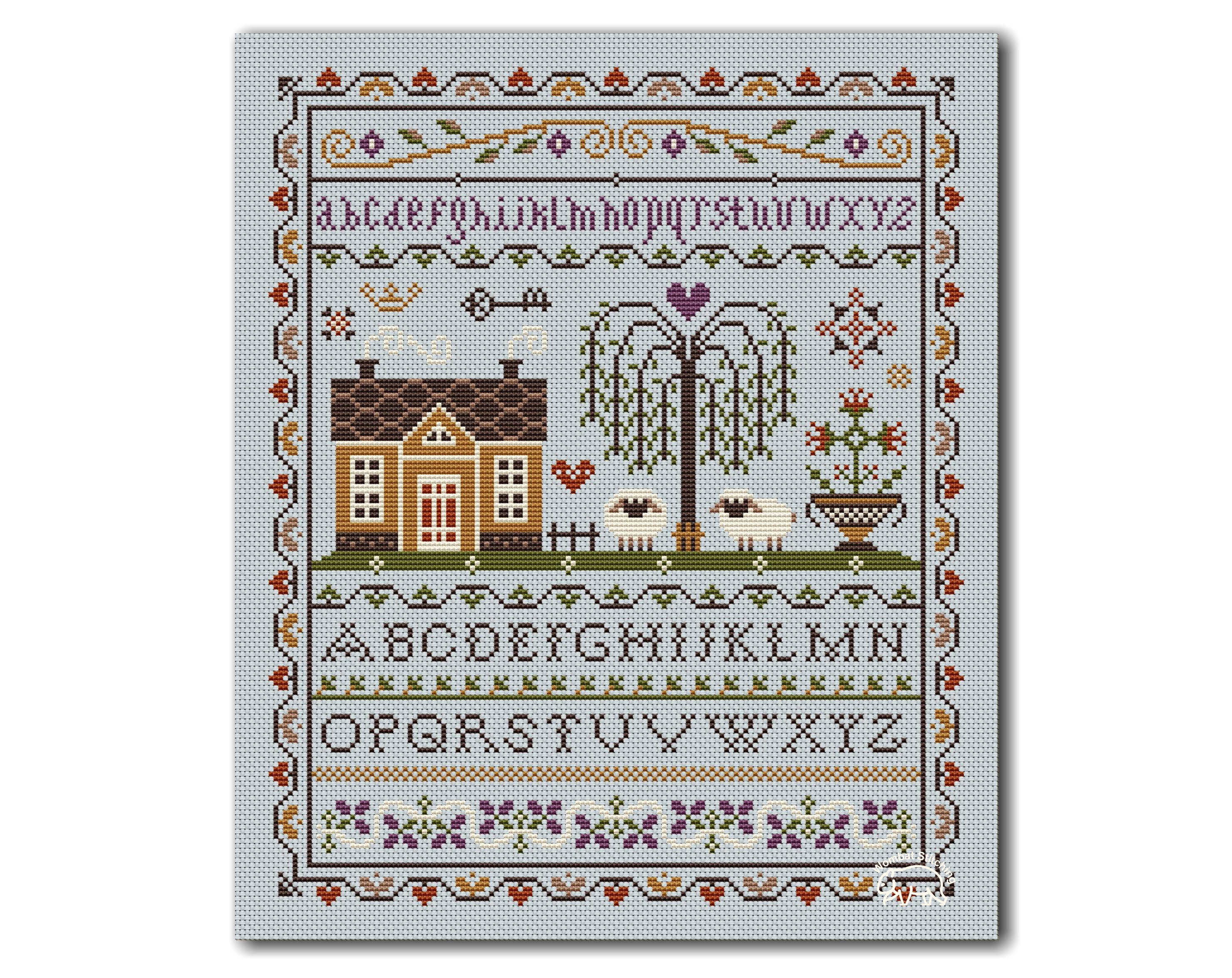House and Sheep Cross Stitch Pattern: Primitive Alphabet Sampler (PDF ...