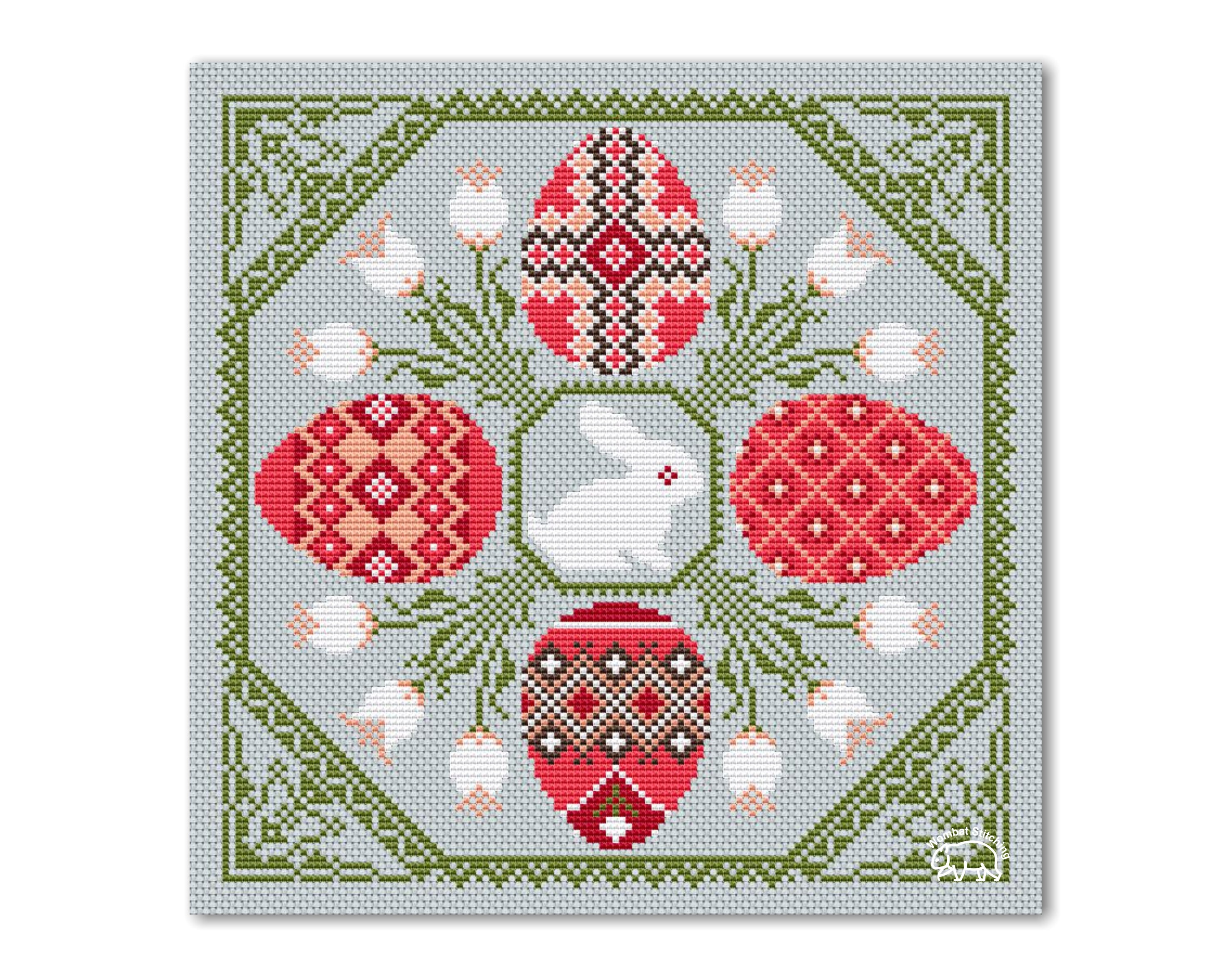 Happy Easter Cross Stitch Pattern: Spring Rabbit and Eggs Sampler for ...