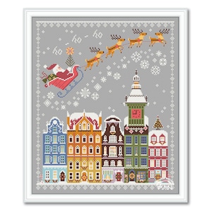 Merry Christmas Sampler, Santa over the City, Santa Cross Stitch Sampler, Primitive Winter House Pattern Cross Stitch PDF
