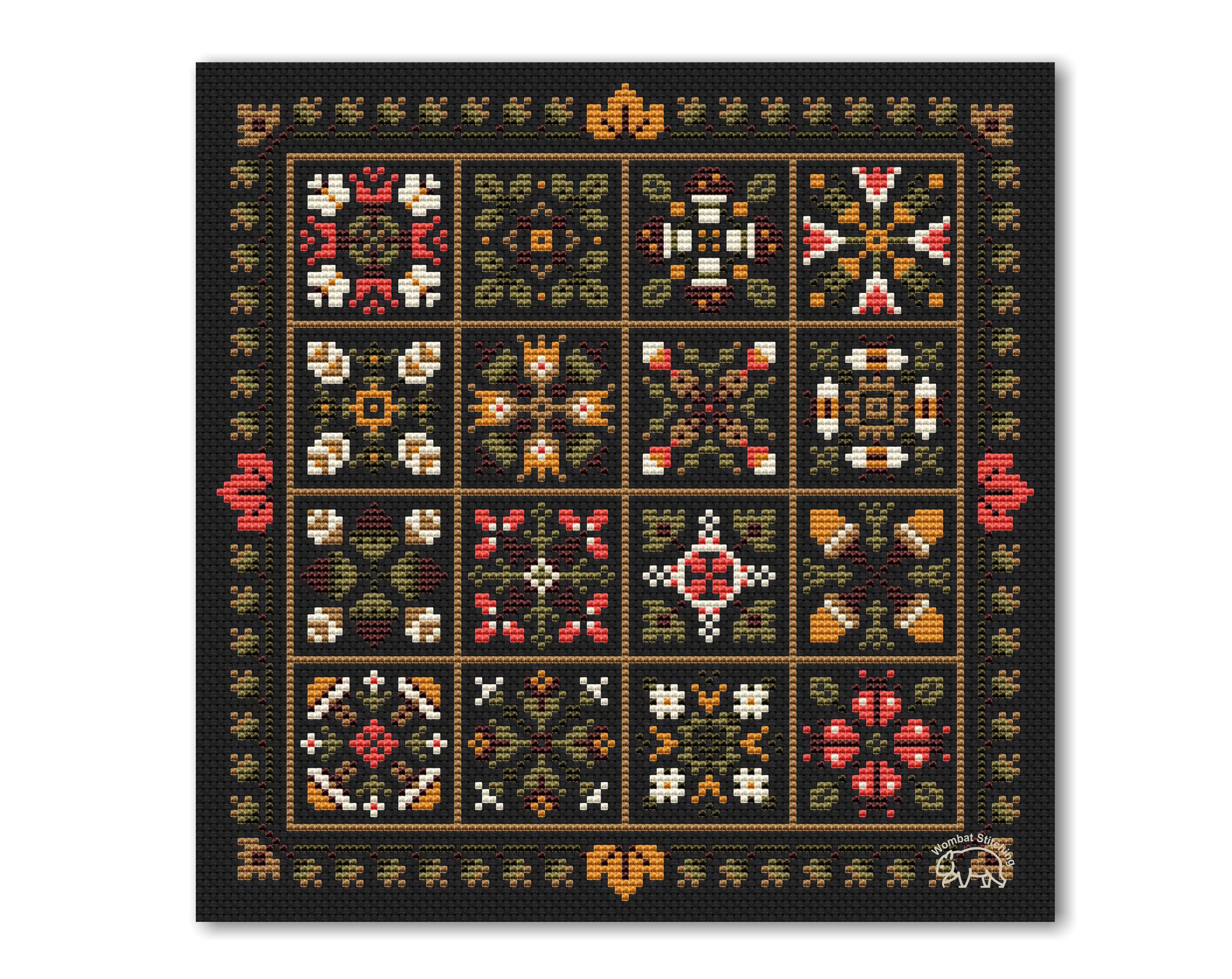 秋のパッチワーククロスステッチパターン：フローラルサンプラー 4x4