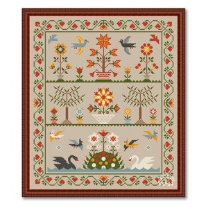 Flowers and Birds Cross Stitch Pattern: Primitive Sampler (PDF Pattern)