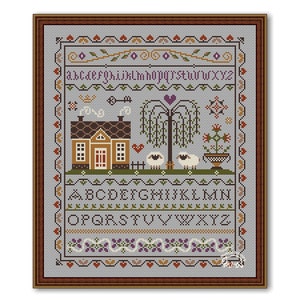 House and Sheep Cross Stitch Sampler, Primitive Pattern Cross Stitch PDF, Sampler House and Alphabet