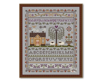 House and Sheep Cross Stitch Sampler, Primitive Pattern Cross Stitch PDF, Sampler House and Alphabet
