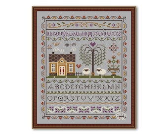 House and Sheep Cross Stitch Sampler, Primitive Pattern Cross Stitch PDF, Sampler House and Alphabet