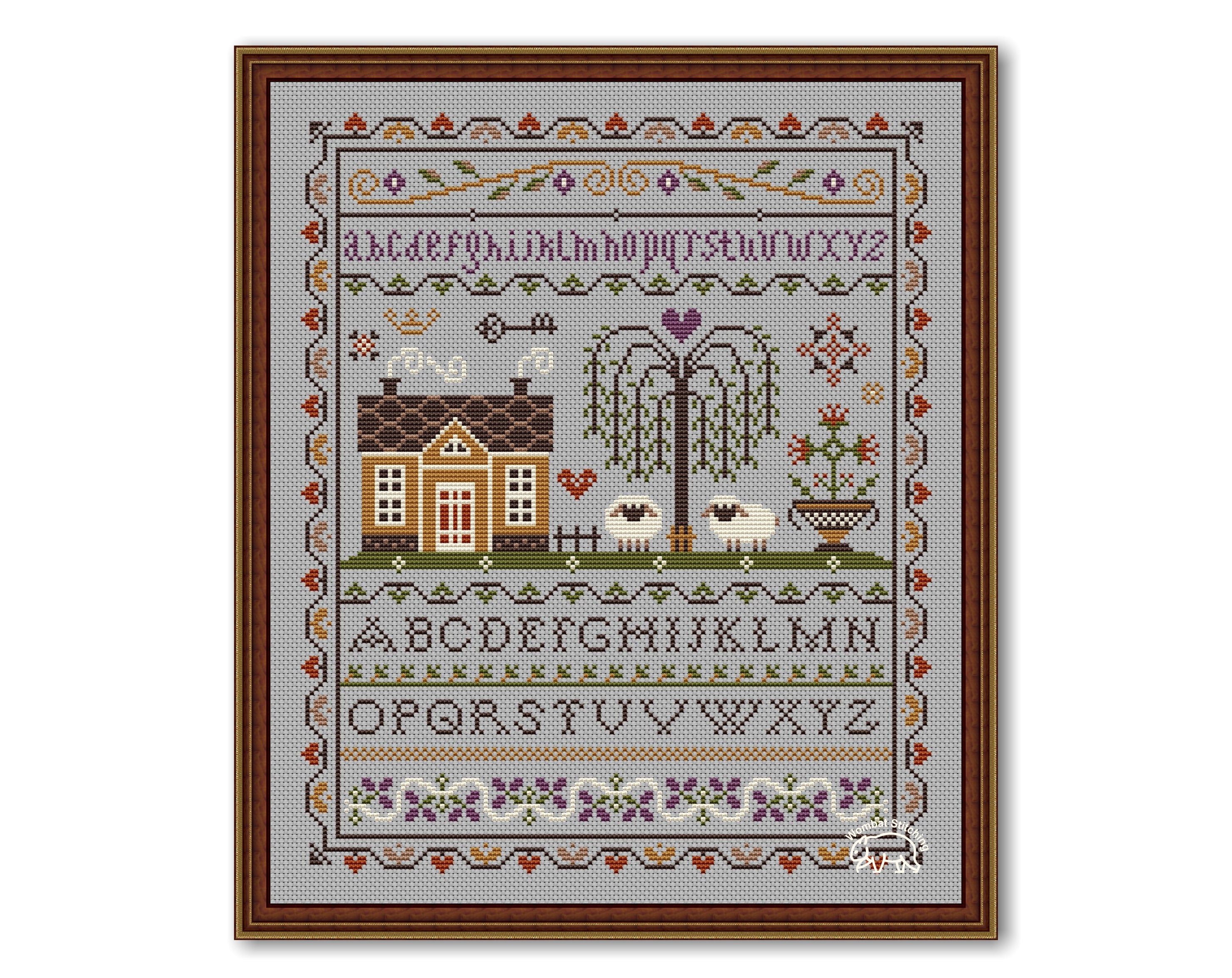 House and Sheep Cross Stitch Pattern: Primitive Alphabet Sampler (PDF ...