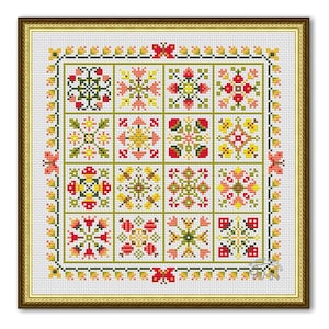 Summer Cross Stitch Patchwork, Summer Pattern Ornament PDF, Square Pillow Summer Flowers Sampler