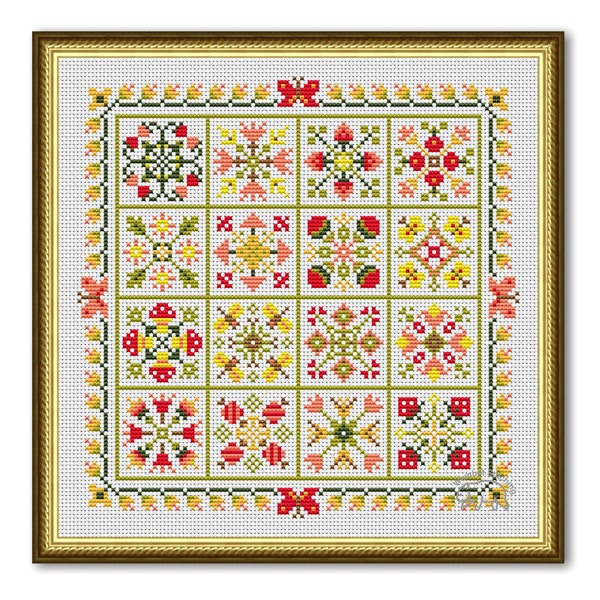 Summer Cross Stitch Patchwork, Summer Pattern Ornament PDF, Square Pillow Summer Flowers Sampler