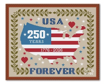 USA För Alltid 250 År Patriotiskt Korsstygnsmönster: Sampler för självständighetsdagens jubileum (PDF-mönster)