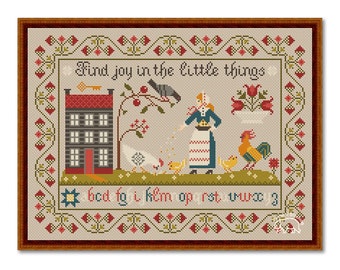 Find Joy in the Little Things Cross Stitch Sampler, Primitive Pattern Cross Stitch PDF, Sampler Houses Chickens and Alphabet