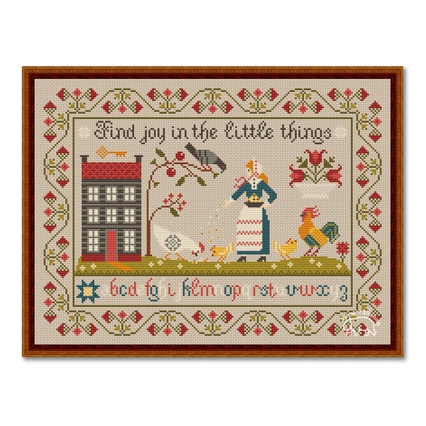 Find Joy in the Little Things Cross Stitch Sampler, Primitive Pattern Cross Stitch PDF, Sampler Houses Chickens and Alphabet