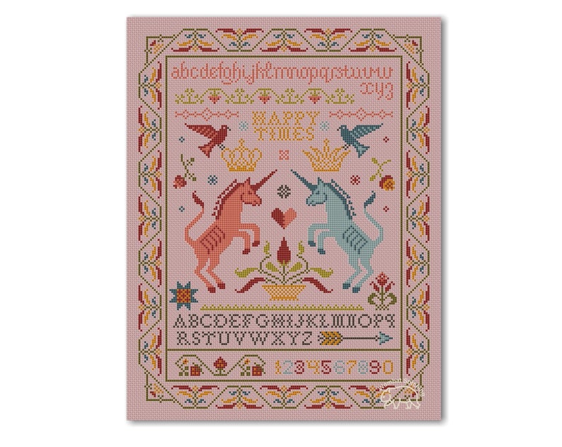 Cross Stitch Unicorns Sampler, Primitive Pattern Unicorns PDF, Sampler