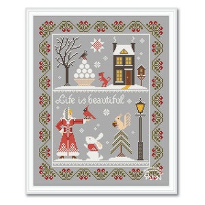 Winter Cross Stitch Sampler Life is Beautiful, Cross Stitch Sampler House, Primitive Winter Pattern Cross Stitch PDF
