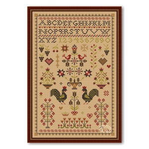 Flowers and Birds Cross Stitch Sampler, Pattern Antique Style, Primitive Sampler Old Style