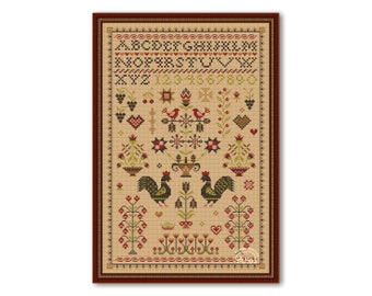 Flowers and Birds Cross Stitch Sampler, Pattern Antique Style, Primitive Sampler Old Style