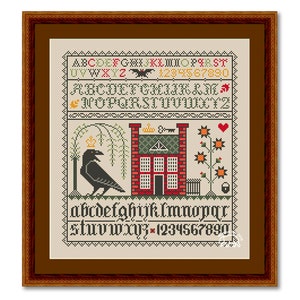 House and Raven Cross Stitch Sampler, Primitive Pattern Cross Stitch PDF, Sampler House and Raven, Alphabet Sampler House