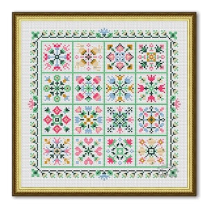 Spring Cross Stitch Patchwork, Spring Pattern Ornament PDF, Square Pillow Spring Flowers Sampler