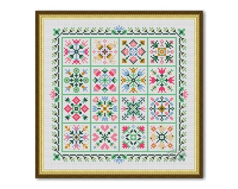 Spring Cross Stitch Patchwork, Spring Pattern Ornament PDF, Square Pillow Spring Flowers Sampler