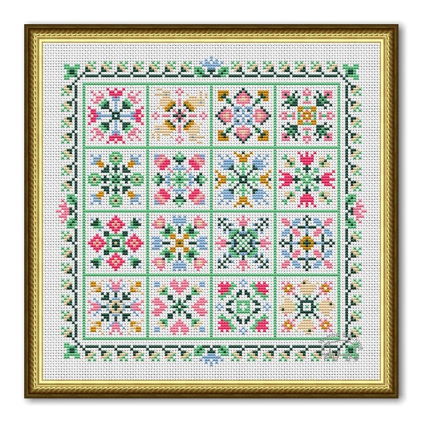 Patchwork printanier au point de croix, motif printanier d'ornement PDF, échantillon de coussin carré fleurs printanières