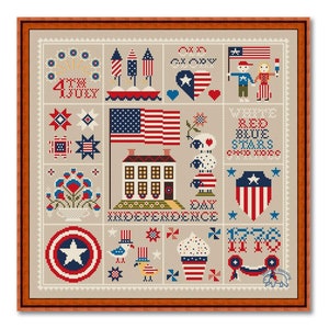 4th July Cross Stitch Sampler, Independence Day USA Sampler, Liberty Sampler,  Squares PDF Pattern