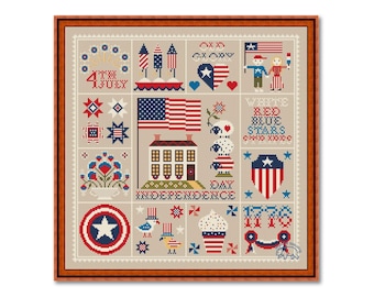 4th July Cross Stitch Sampler, Independence Day USA Sampler, Liberty Sampler,  Squares PDF Pattern