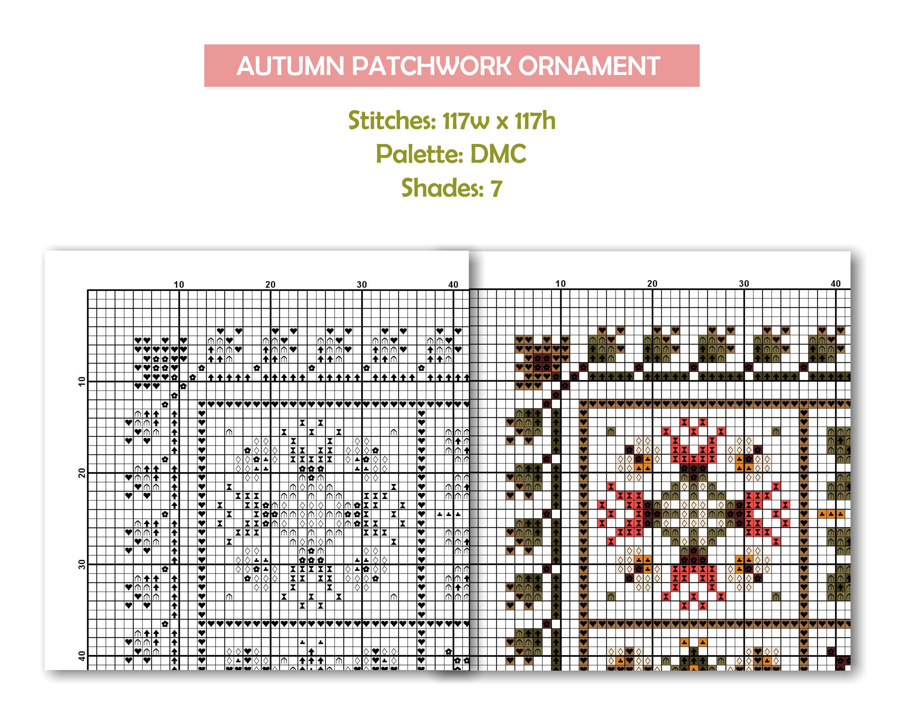 秋のパッチワーククロスステッチパターン：フローラルサンプラー 4x4