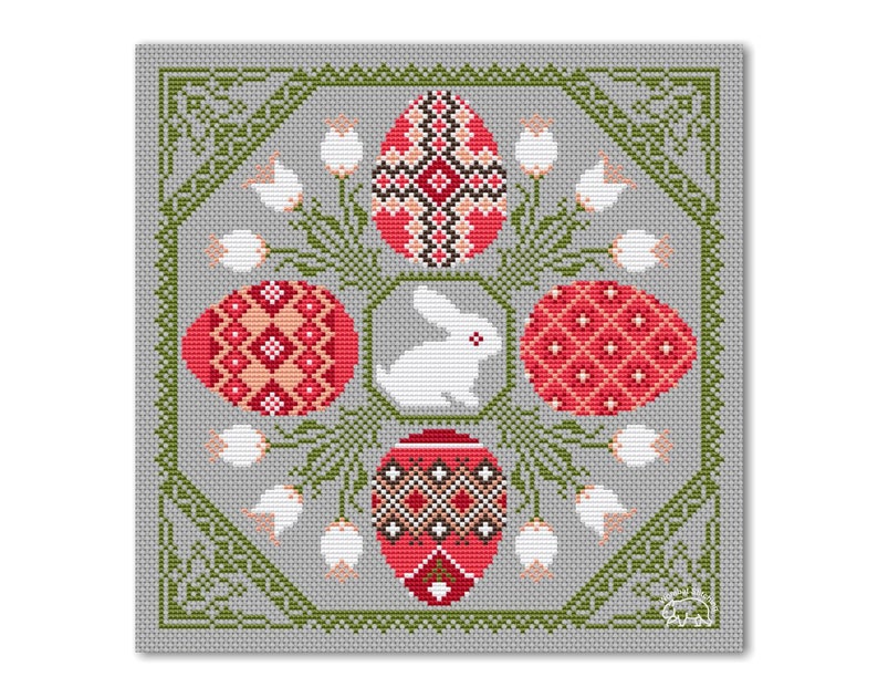 Happy Easter Cross Stitch Pattern: Spring Rabbit and Eggs Sampler for ...
