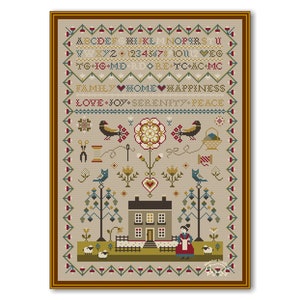 Cross Stitch Sampler Old House, Vintage Sampler, Primitive