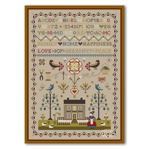 Old House Cross Stitch Sampler, Primitive Pattern Old Style  Cross Stitch PDF, Antique Sampler House and Alphabet