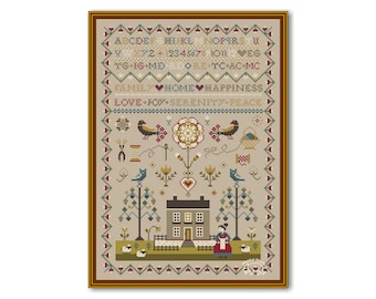 Old House Cross Stitch Sampler, Primitive Pattern Old Style  Cross Stitch PDF, Antique Sampler House and Alphabet