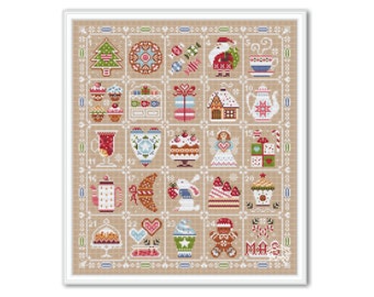 May include: A cross-stitch pattern featuring a Christmas advent calendar with 24 squares, each containing a different festive image. The images include a Christmas tree, gingerbread cookies, candy canes, Santa Claus, a teapot, a gingerbread house, a Christmas angel, presents, a stocking, a snowman, a reindeer, a bell, a star, a candle, a snowflake, a heart, a bird, a wreath, a holly sprig, a mistletoe sprig, a Christmas stocking, a Christmas ornament, and a Christmas tree. The pattern is framed in a white frame.