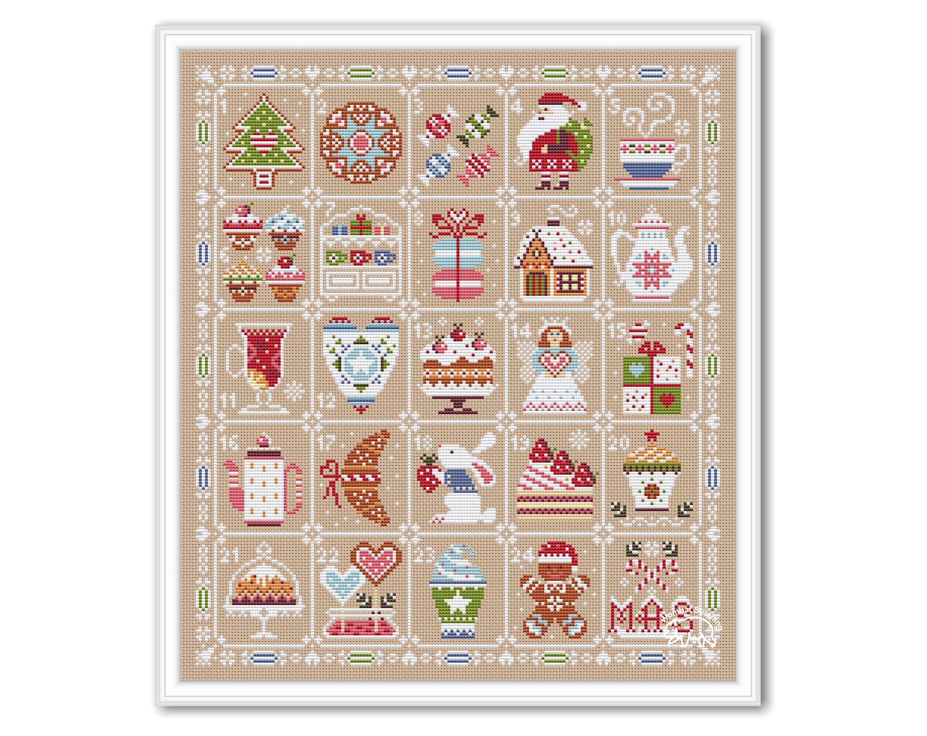 Weihnachten Süßigkeiten Adventskalender, Frohe Weihnachten Kreuzstich Sampler, Süßigkeiten Advent Primitive PDF