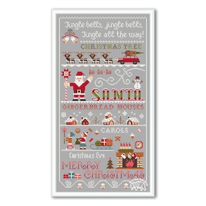 Sampler de punto de cruz de Navidad, letras de Papá Noel, patrón primitivo de campanas Gingle PDF, sampler de Navidad primitivo