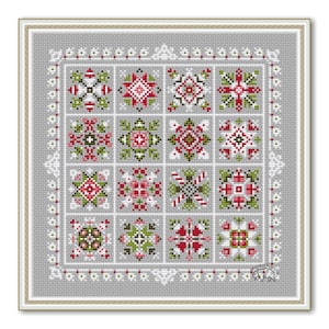 Merry Christmas Cross Stitch Patchwork, Christmas Pattern Ornament PDF, Square Pillow Winter Sampler