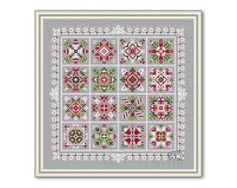 Merry Christmas Cross Stitch Patchwork, Christmas Pattern Ornament PDF, Square Pillow Winter Sampler