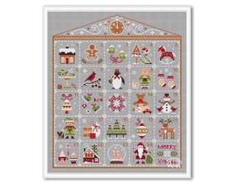 Merry Christmas Adventskalender Kreuzstich Stickmuster, Primitive Winter Pattern Advent PDF, Muster Adventskalender Weihnachten