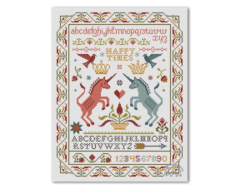 Cross Stitch Unicorns Sampler, Primitive Pattern Unicorns PDF, Sampler