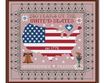 Happy Birthday America Patriotic Cross Stitch Pattern: 250 Years Independence Day Sampler (PDF Pattern)