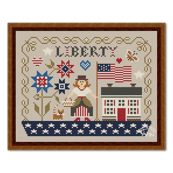 Liberty USA Cross Stitch Sampler, Primitive Pattern 4th July PDF, Sampler Independence Day