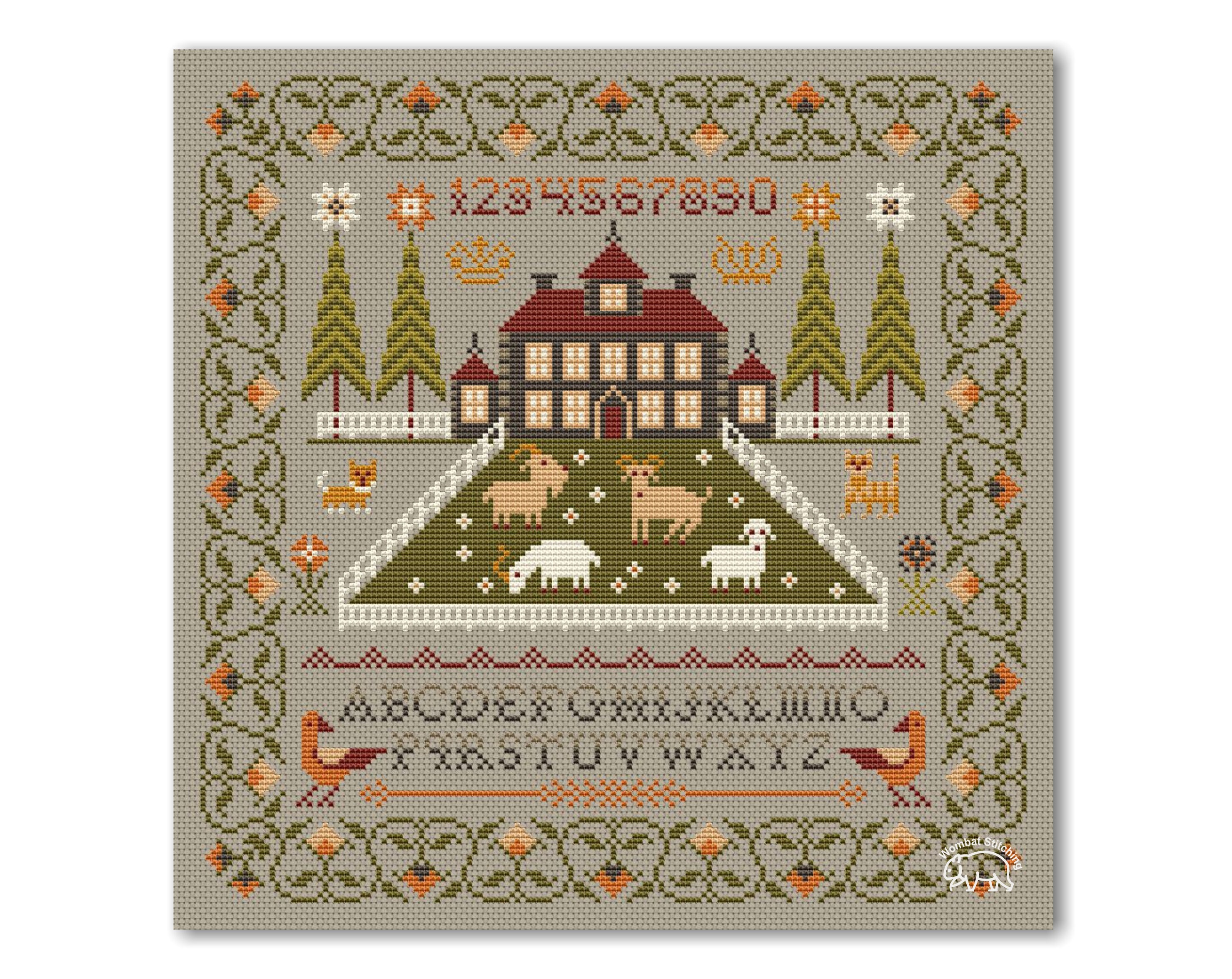House With Lawn Cross Stitch Pattern: Primitive Alphabet Sampler (PDF ...