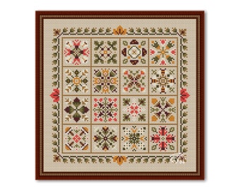 Autumn Cross Stitch Patchwork, Autumn  Pattern Ornament PDF, Square Pillow Autumn Sampler