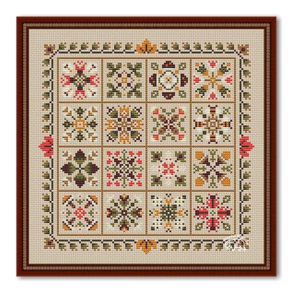 Autumn Cross Stitch Patchwork, Autumn  Pattern Ornament PDF, Square Pillow Autumn Sampler