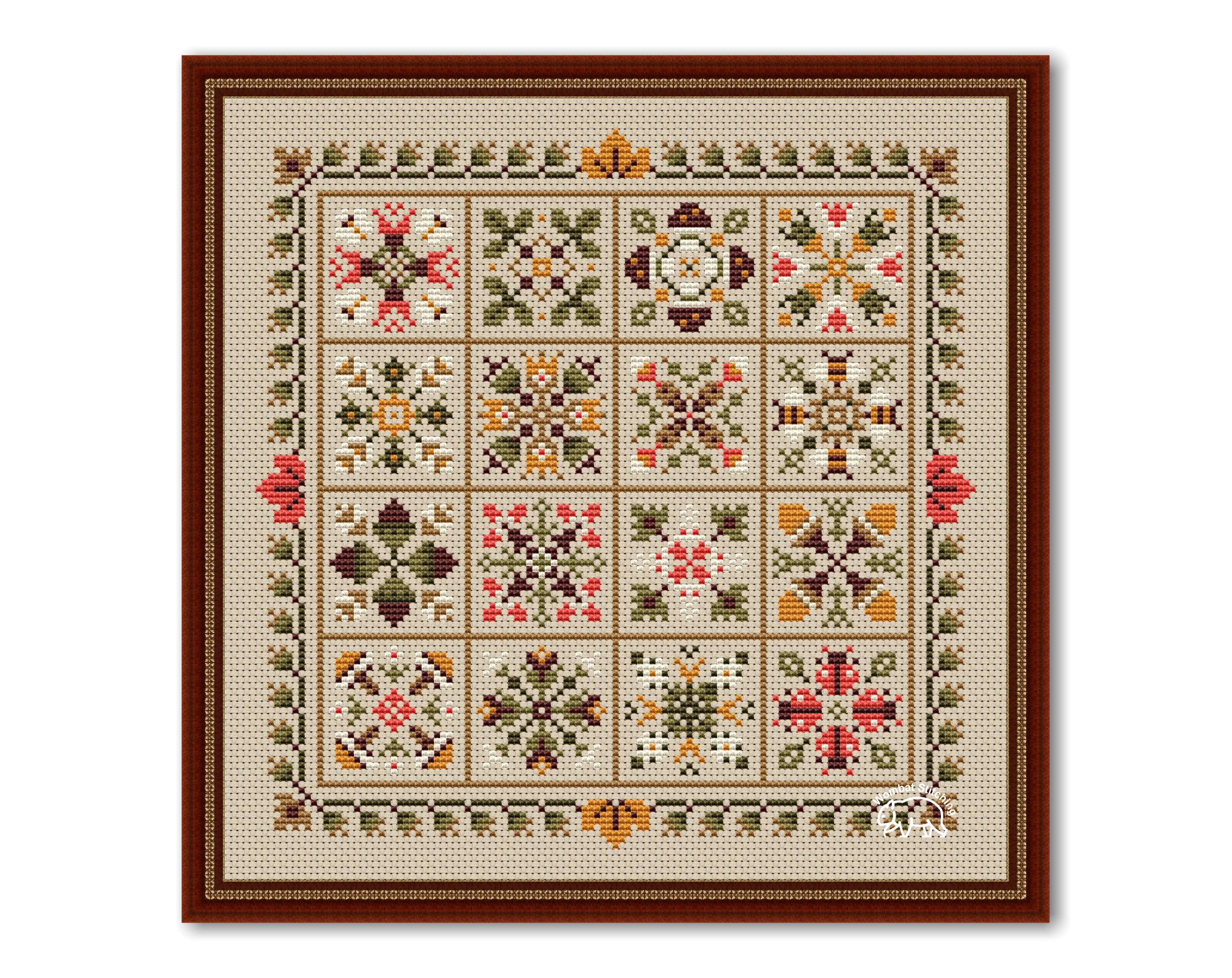 秋のパッチワーククロスステッチパターン：フローラルサンプラー 4x4