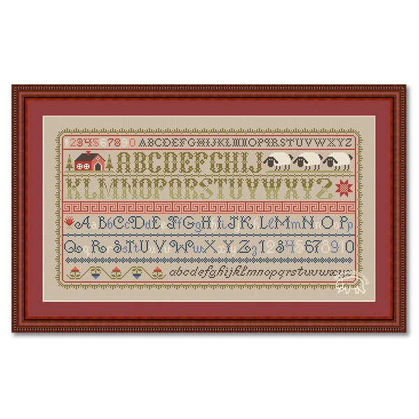 Cross Stitch Alphabet Sampler, Primitive Pattern Cross Stitch PDF, Sampler Alphabet House Sheep