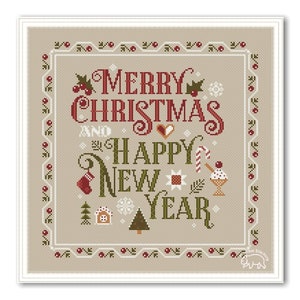 Muestrario de Feliz Navidad y Feliz Año Nuevo en punto de cruz, Muestrario de fuentes de invierno primitivas en punto de cruz en PDF, Muestrario de Año Nuevo